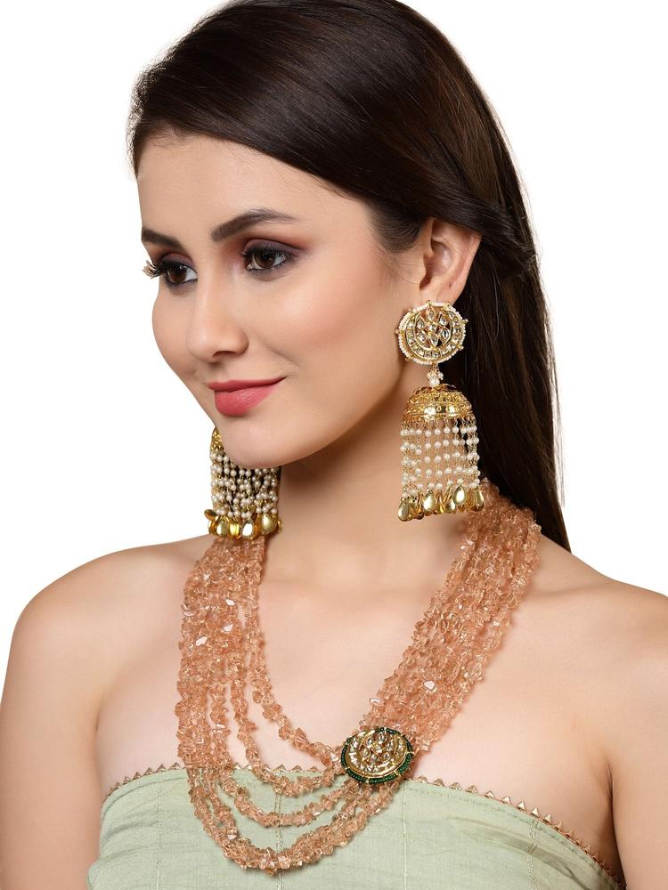 Gold & White Jhumkas Earring with Kundan & Pearls