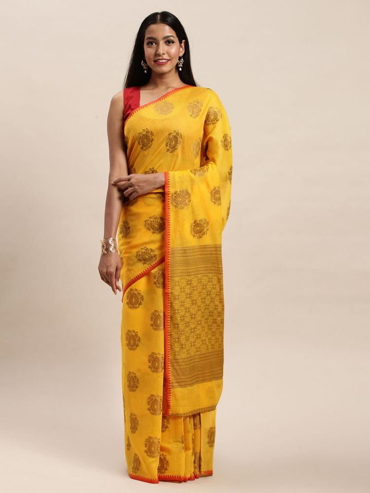 Mustard Yellow Cotton Handloom Zari Work Traditional Saree with Unstitched Blouse