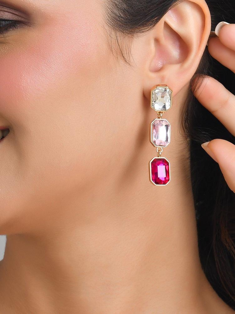 Stylish Pink Gem Stone 3 Tiered Drop Earrings for women