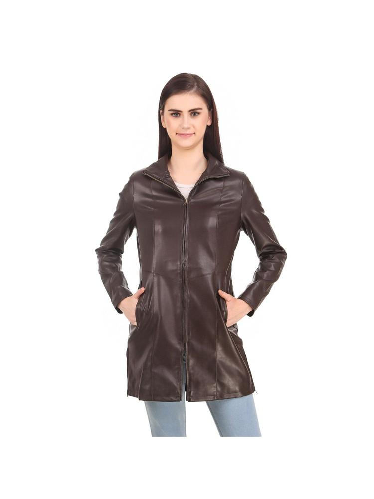 Coffee Colour Faux Leather Long Jacket for Woman