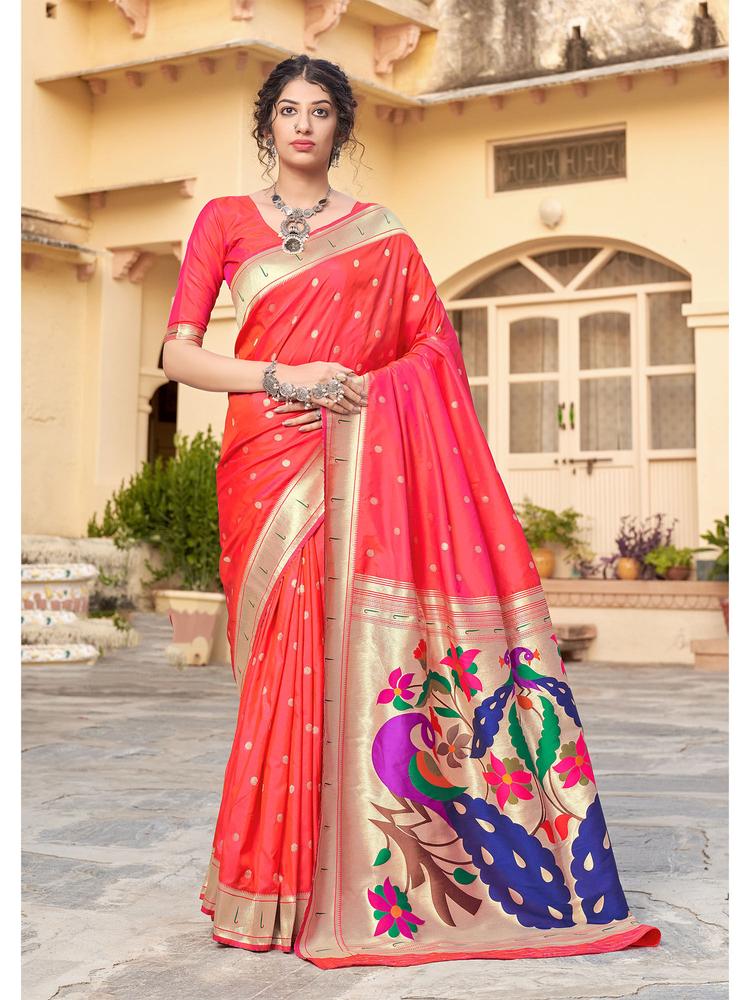 Mongolia Fashion Tomato red Colour Traditional Weaving Silk Saree with Unstitched Blouse