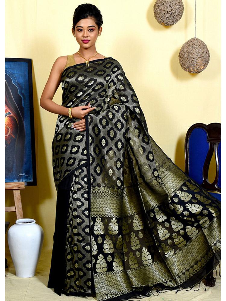 Black Matka Silk Saree with Unstitched Blouse