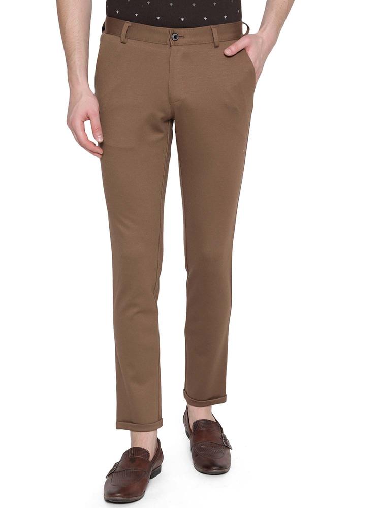 Mens Brown Cotton Venice Slim Fit Solid Casual Trouser