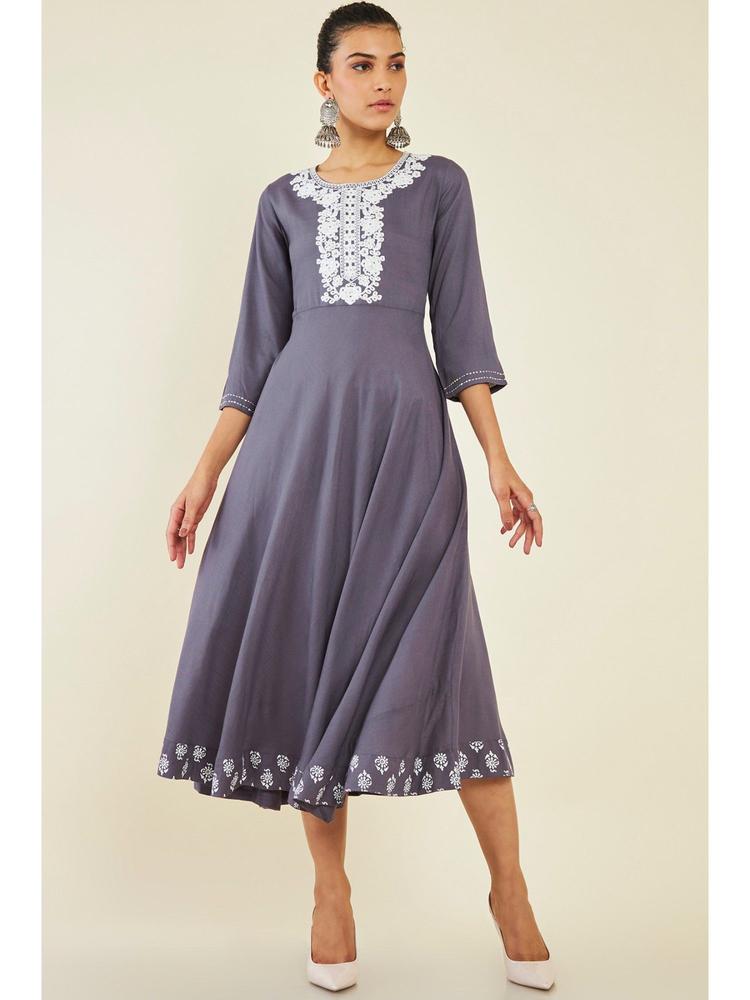 Women Grey Rayon Embroidered Dress Kurta