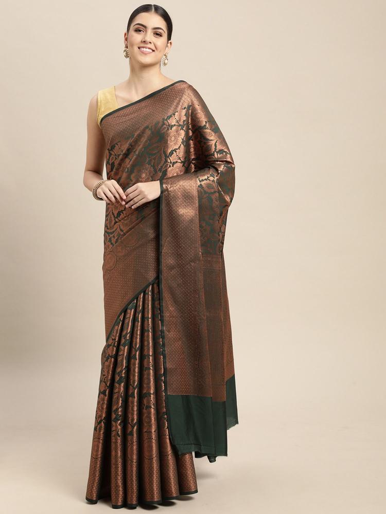Dark Green & Brown Copper Zari Kanjivaram Silk Saree with Unstitched Blouse