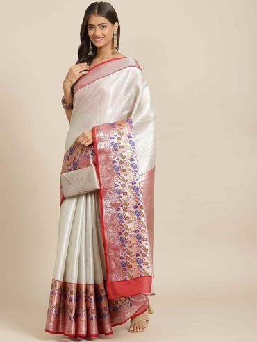Pure Kanjeevaram Woven Silver Saree with Unstitched