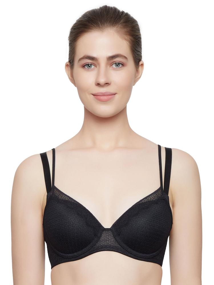 Passion Spotlight Double Strap Wired Padded T-Shirt Bra - Black