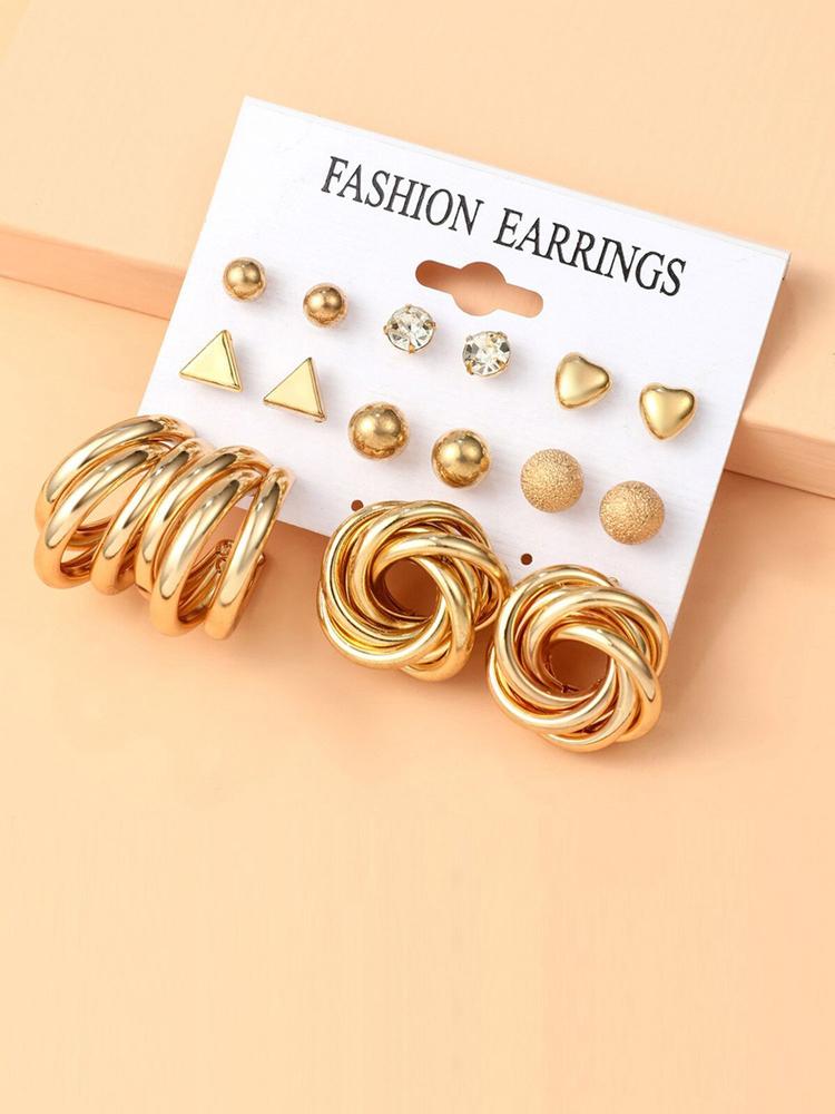 Gold Plated Contemporary Studs and Hoop Earrings Set of 8