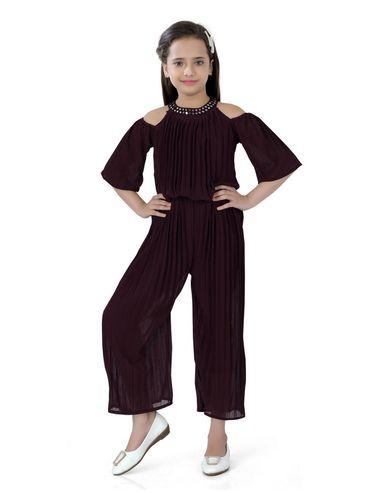 Pleated Cotton Maxi Length Jumpsuit for Girls - Purple