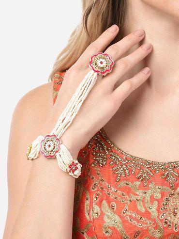 Pink Meenakari Floral Multistrand Pearls Ethnic Hand Harness-ZPFK14746