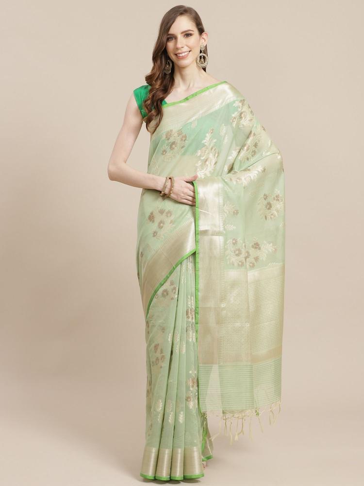 Masrise Cotton Woven Saree Green with Unstitched Blouse