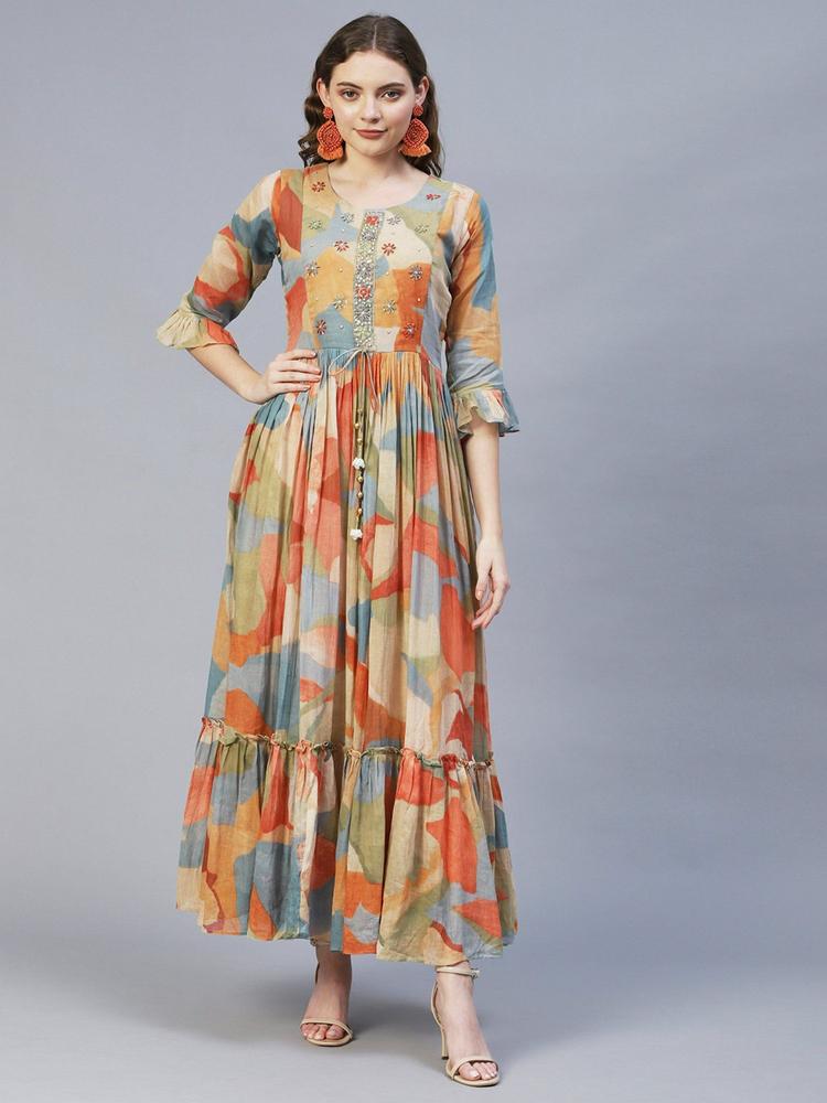 Abstract Printed & Hand Embroidered Flared Maxi Dress Multi