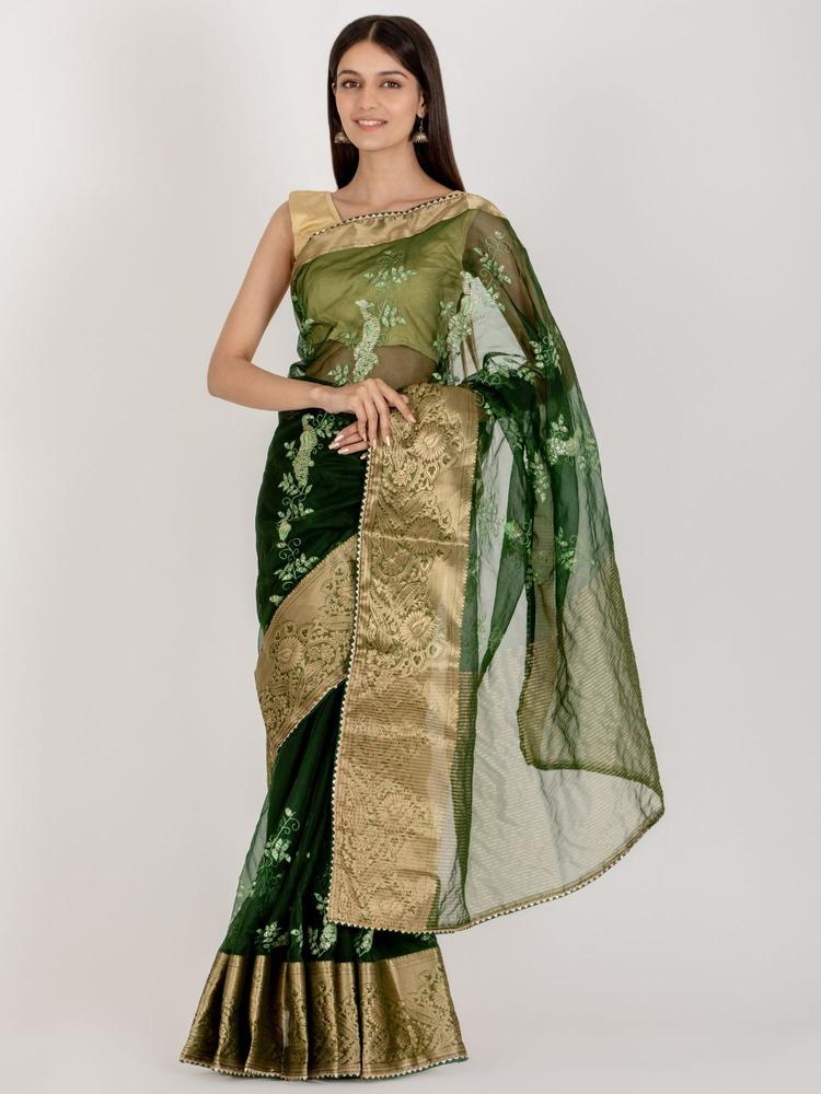 Peacock Midnight Green Saree with Unstitched Blouse