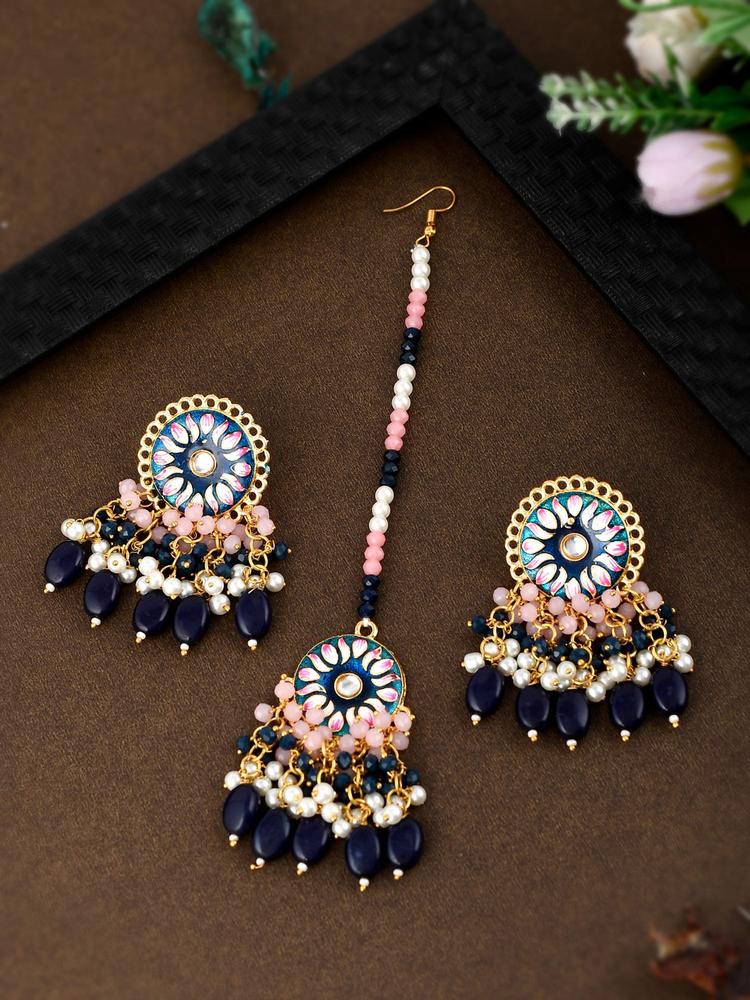 Gold-Plated Blue and Peach Beads Meenakari Earrings With Maangtikka (Set of 2)