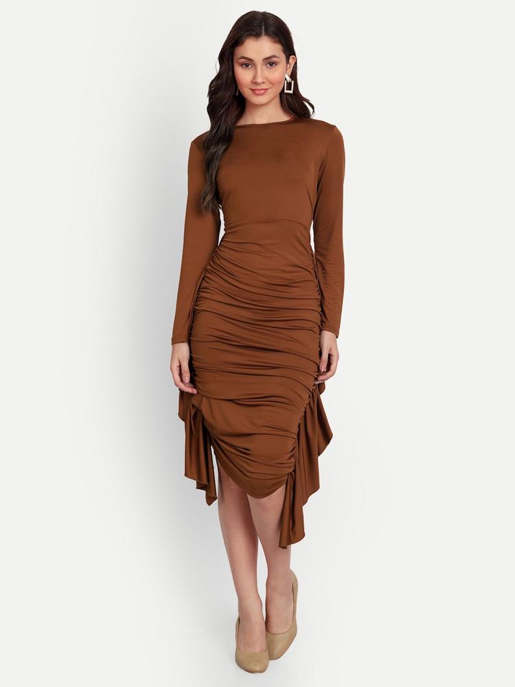 Brown Ruched Long Sleeve Bodycon Mini Dress
