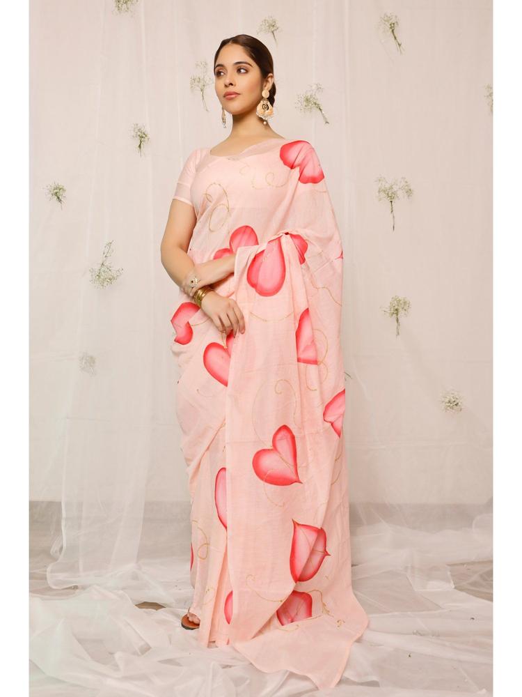 Hand Painted Leaves On Peach Chanderi Saree with Unstitched Blouse