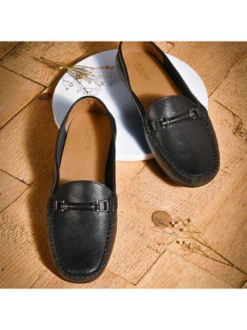 Empower By Regal Black Women Solid Buckled Leather Loafers