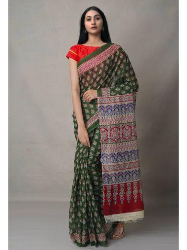 Green Pure Block Printed Cotton Saree with Unstitched Blouse