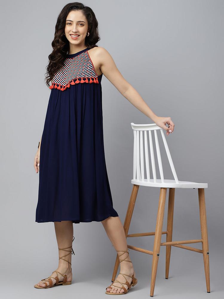 Navy Blue Embroidered Geometric Fringed A-Line Ethnic Dress
