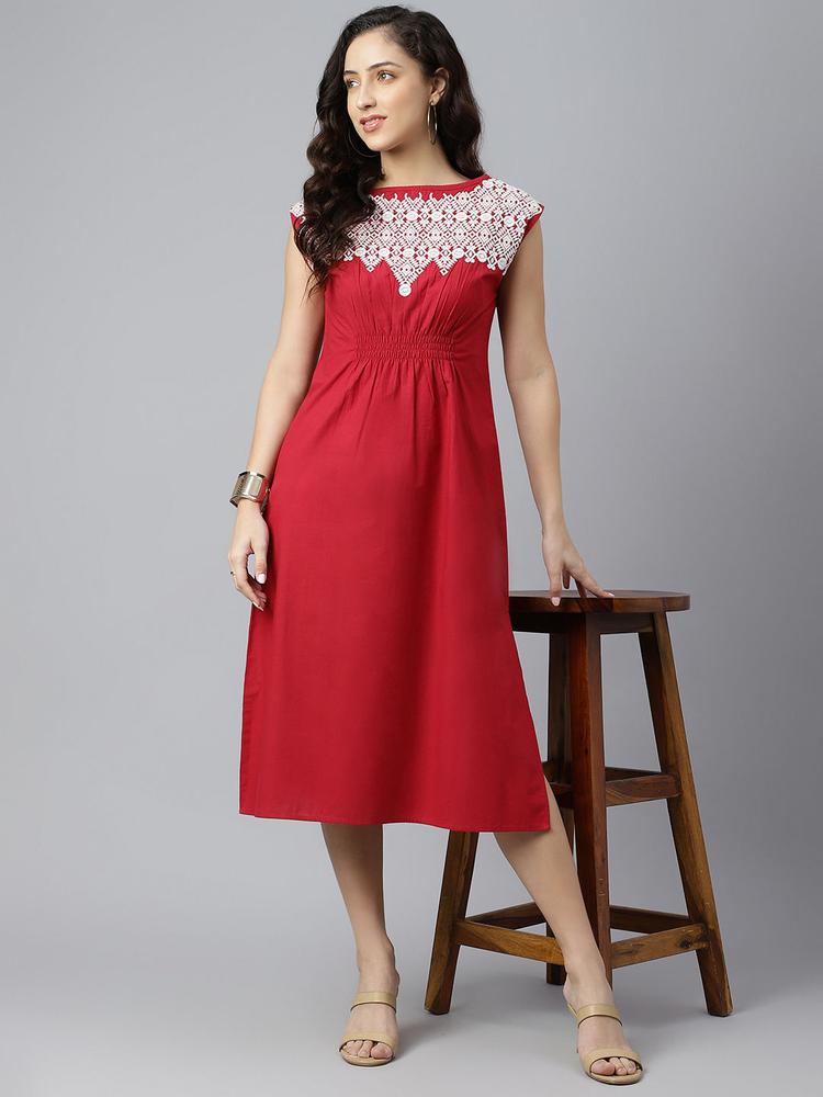 Maroon Embroidered Ethnic Motifs Pleated Fit and Flare Dress