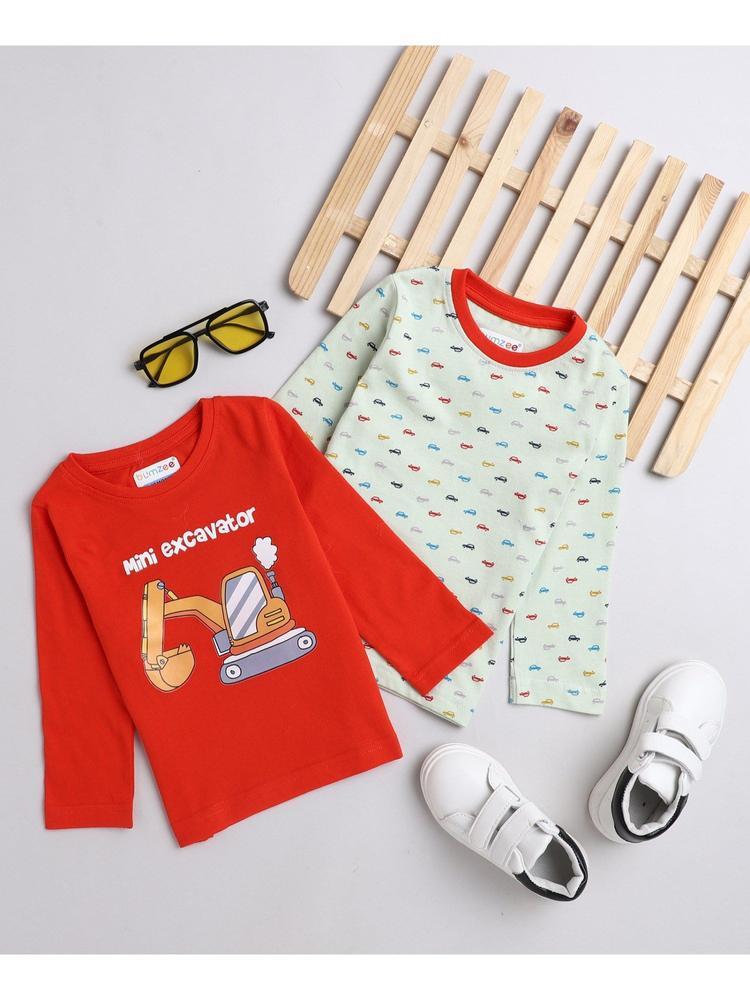 Mint Green & Red Boys Full Sleeves T-Shirts (Pack of 2)