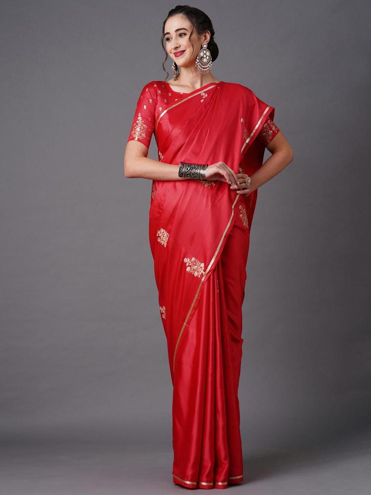 Red Party Wear Silk Blend Woven Design Saree with Unstitched