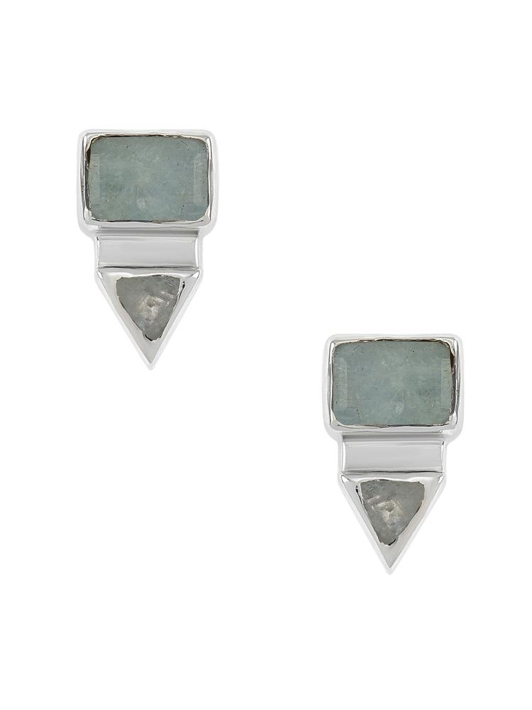 Sterling Silver Rectangle Triangle Aquamarine Ear Studs