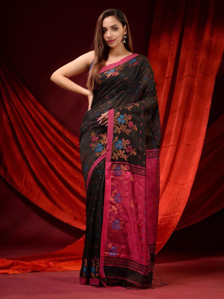Black Blended Cotton Handwoven Ethnic Motifs & Floral Border Saree with Unstitched Blouse