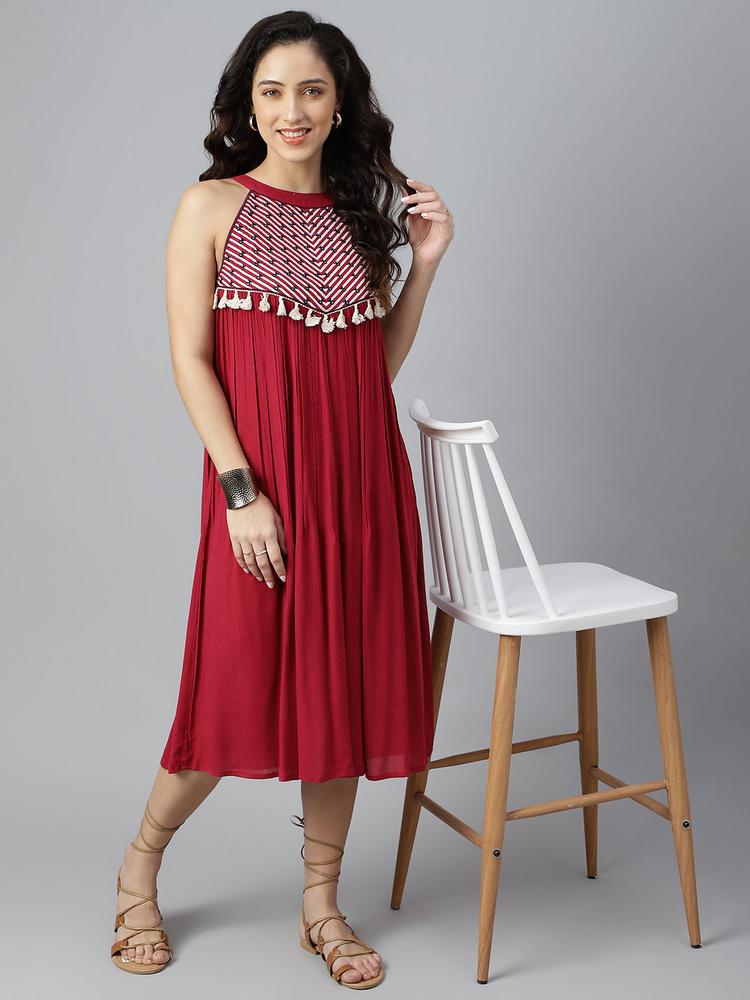 Maroon Embroidered Geometric Fringed A-Line Ethnic Dress