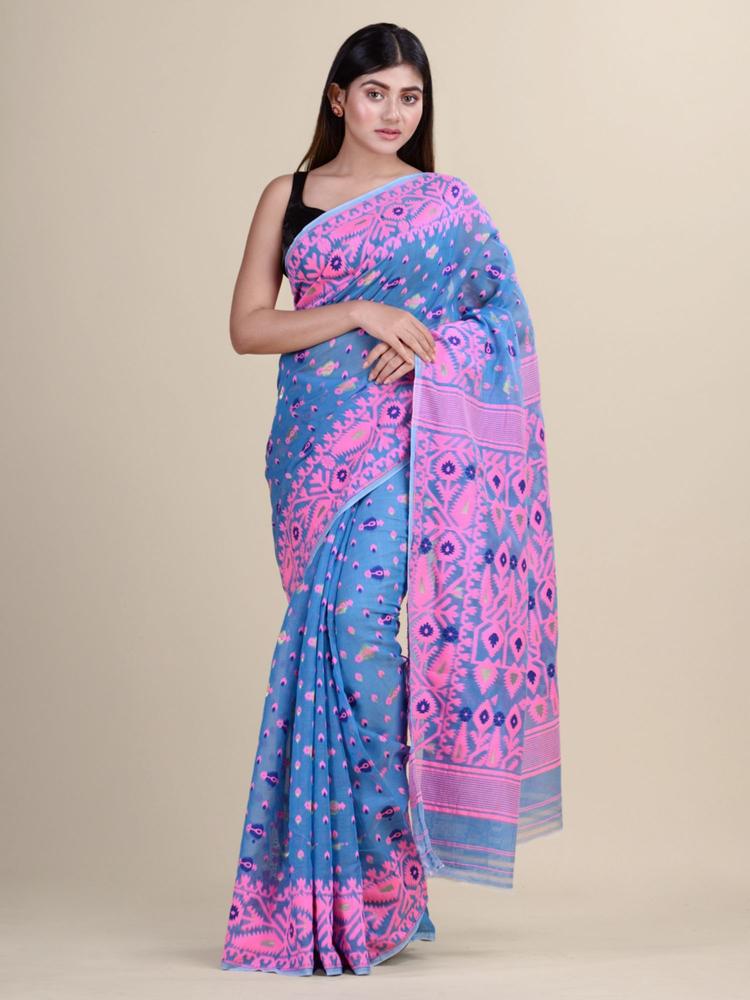 Blue & Pink Cotton Silk Hand Woven Saree Without Blouse Piece