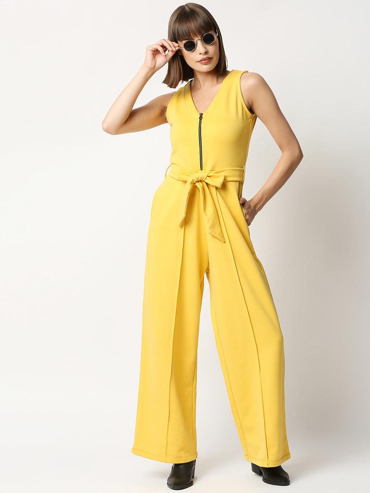 Women V-Neck Jumpsuit Lemon Yellow Color Sleeveless