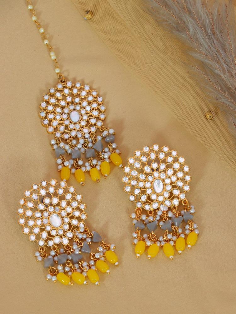Gold-Plated Pearls Grey & Yellow Kundan Earring Tika Set