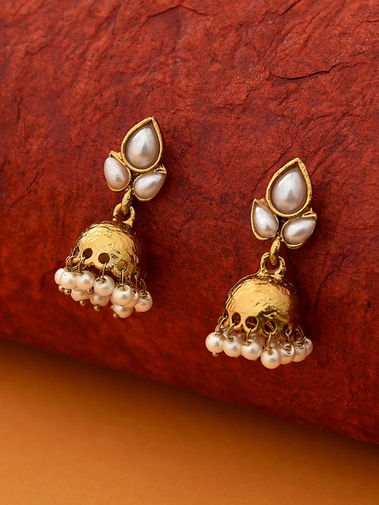 Ethnic Traditional White Club Shaped Small Jhumka Earrings With White Pearl Drops