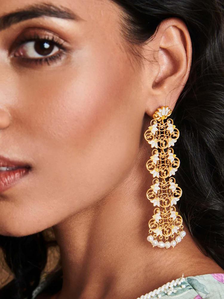 22KT Gold Dipped in White Enamel Lotus Grace Statement Earrings