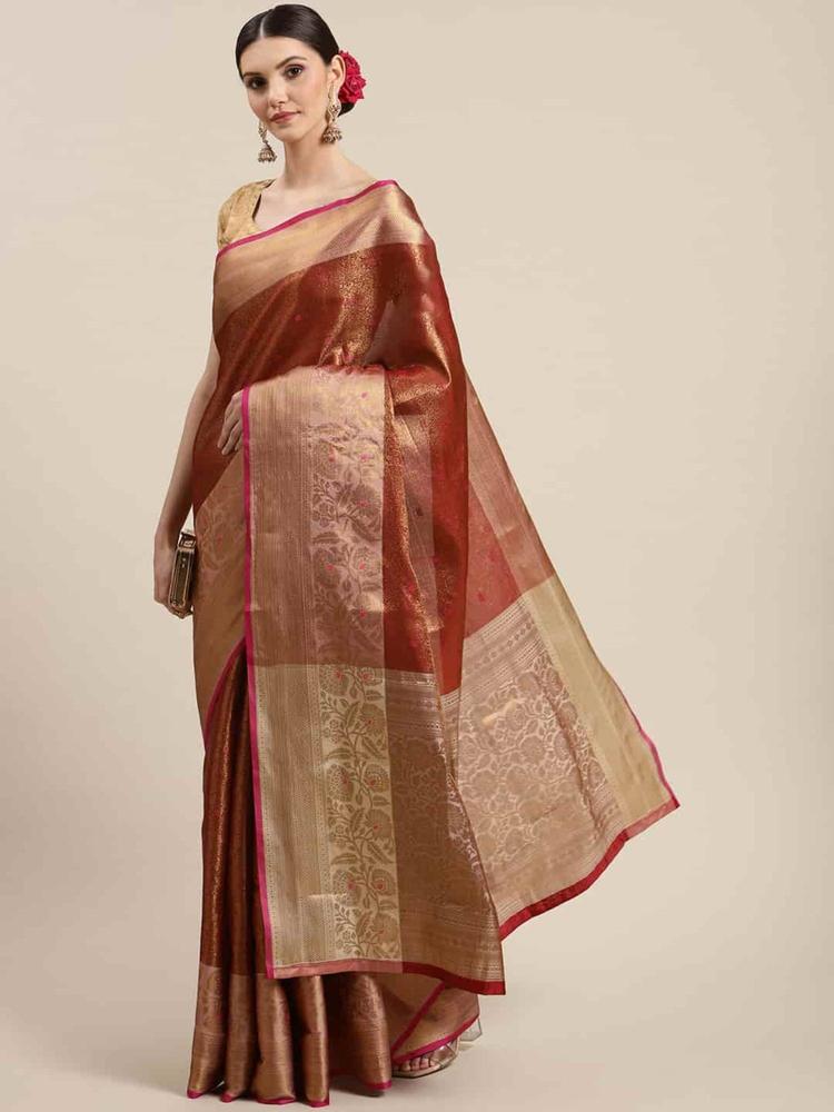 Pure Banarasi Silk Saree with Unstiched Blouse Piece Brown with Unstitched
