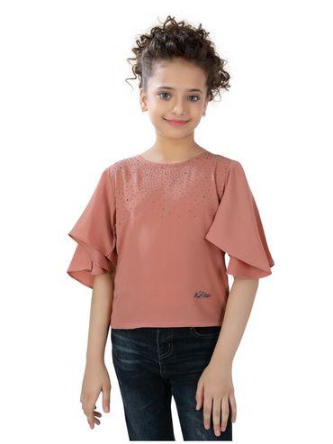 Embellished Cotton Regular Length Top for Girls - Tan
