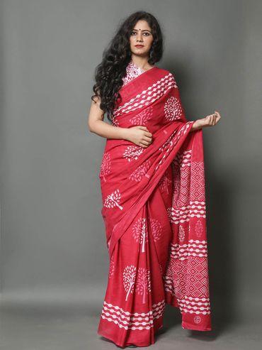 Pink Cotton Printed saree Unstitched Blouse
