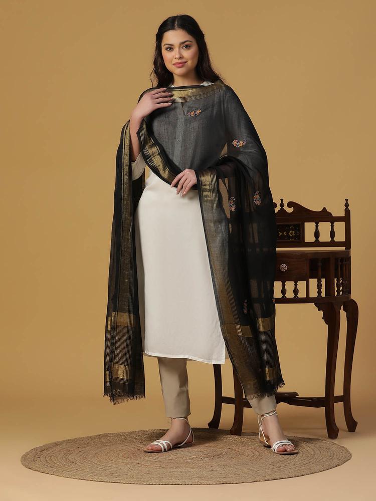 Black Silk Blend Embroidered Dupatta