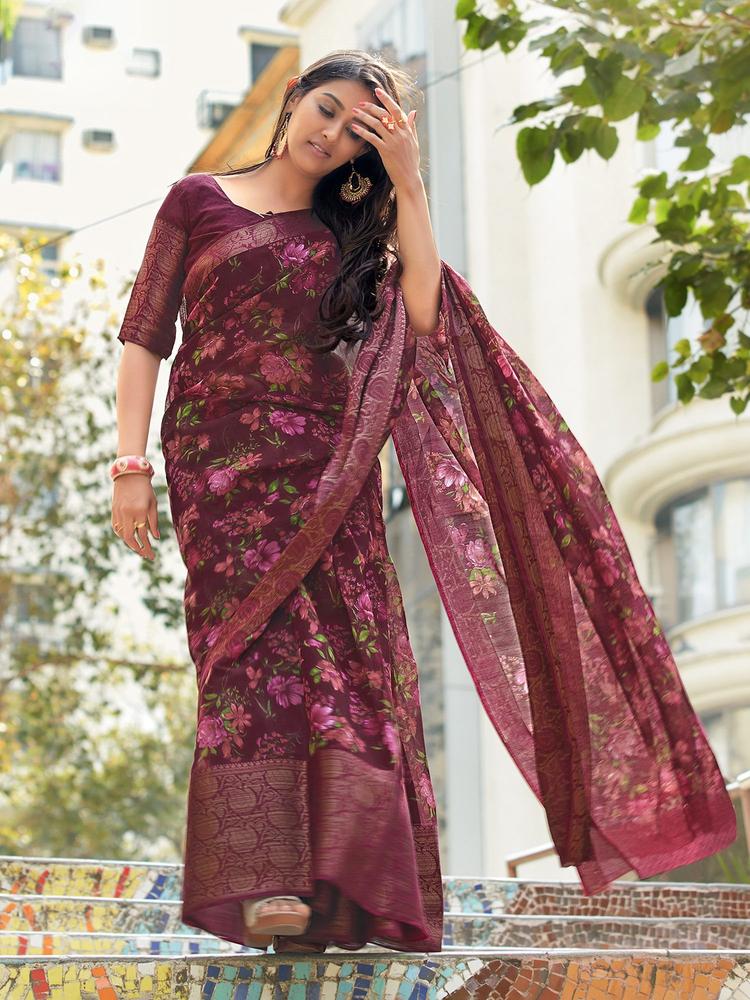 Womens Cotton Blend Magenta Printed Designer Saree with Unstitched Blouse