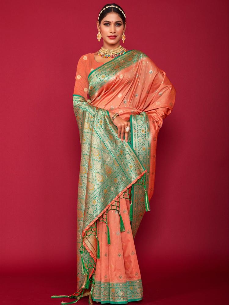 Orange Silk Printed Traditional Tassel Saree with Unstitched Blouse