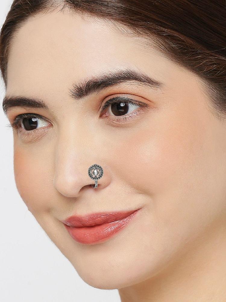 Oxidised Silver White Kundan Floral Traditional Nose Ring - Nose Pin