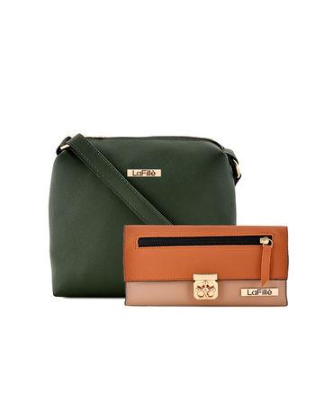 Green Solid Sling Bag with Tan Wallet (Set of 2)