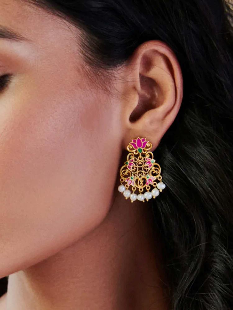 22KT Gold Plated in Pink Enamel Mystic Lotus Stud Earrings