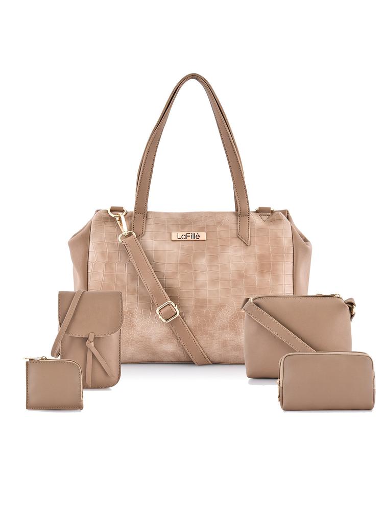 Latest Croco Texture Handbags for Women (Beige) (Set of 5)