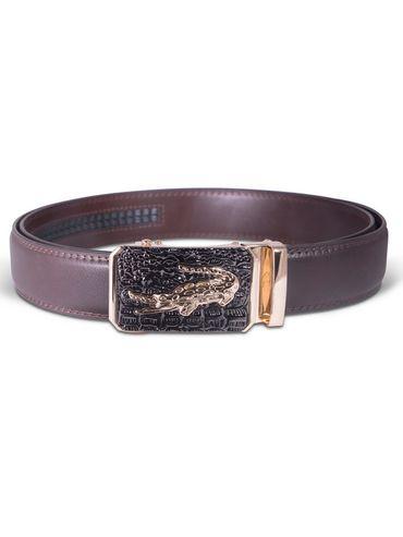 Mens Brown Genuine Leather Belt with Crocodile Pattern Buckle