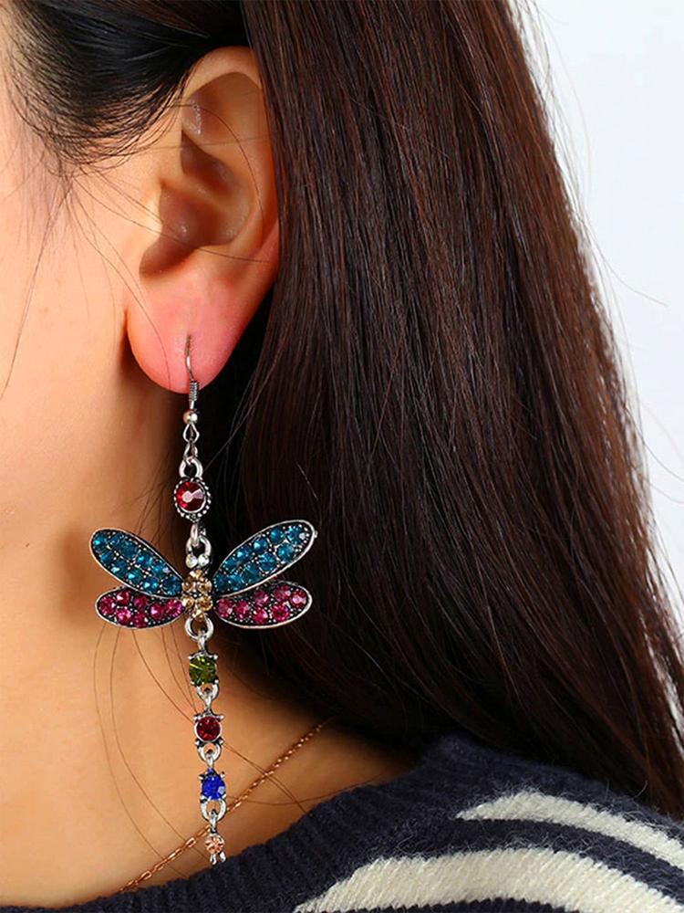 Silver-Plated Blue and Pink Butterfly Designed Crystal Studded Drop Earrings