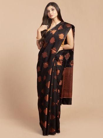 Black Organza Silk All Over Copper Buti Print Saree with Unstitched Blouse