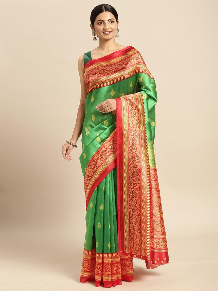 Green Art Silk Printed Traditional Saree with Unstitched Blouse