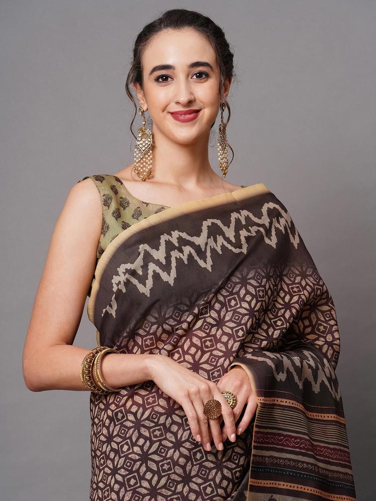 Brown Festive Bhagalpuri Silk Printed Saree with Unstitched