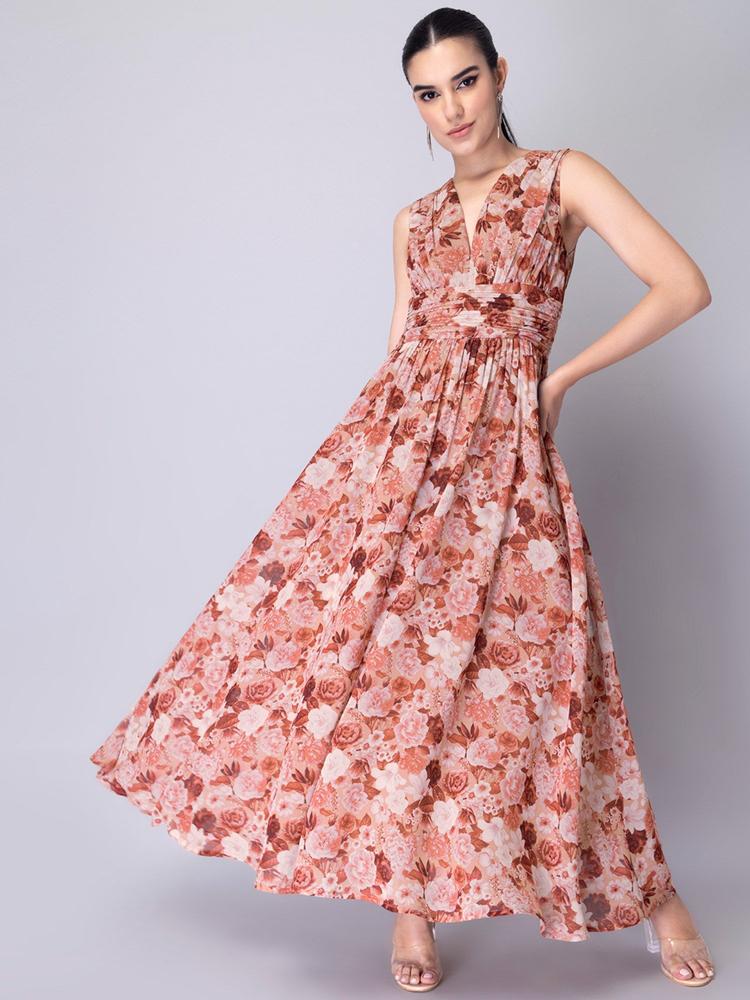 Beige Floral Ruched Maxi Dress